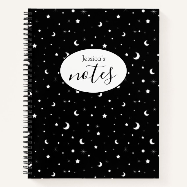 Tiny Moons and Stars Custom Name Black Notebook (Front)