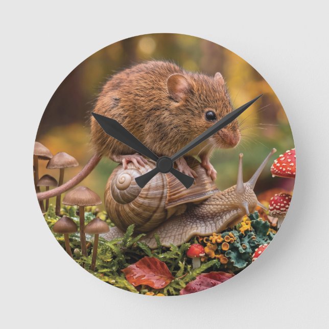 Tiny Mouse Riding Snail in Autumn Forest  Round Clock (Front)