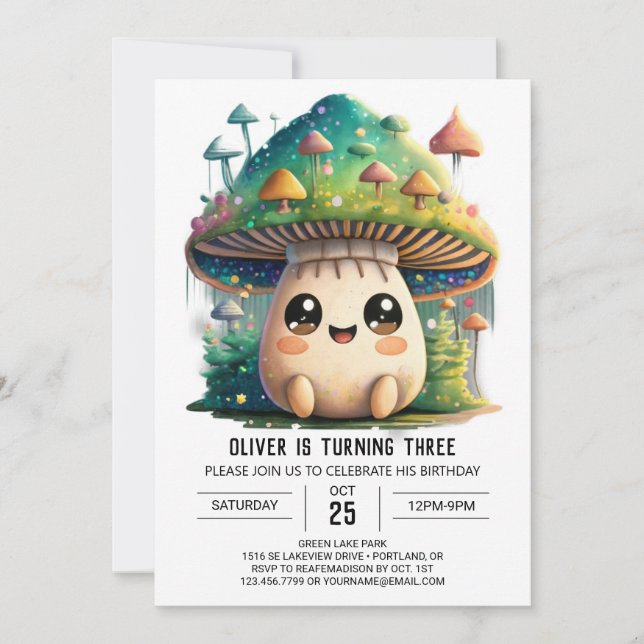 Tiny Mushroom Grove Birthday Invitation (Front)