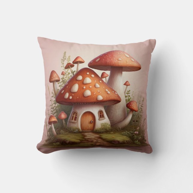 tiny mushroom home throw pillow (Front)