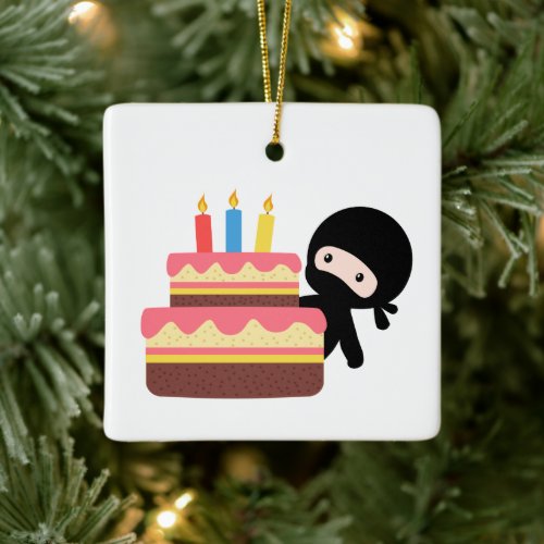 Tiny Ninja Behind Birthday Cake Ceramic Ornament