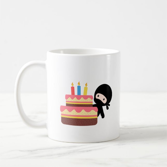 Tiny Ninja Behind Birthday Cake Coffee Mug (Left)