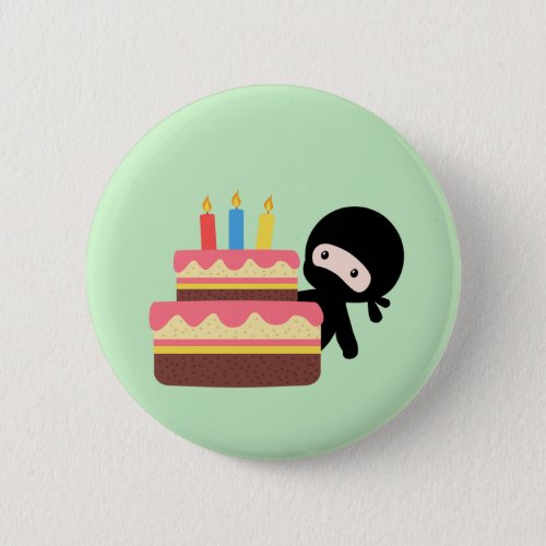 Tiny Ninja Behind Birthday Cake Green Button