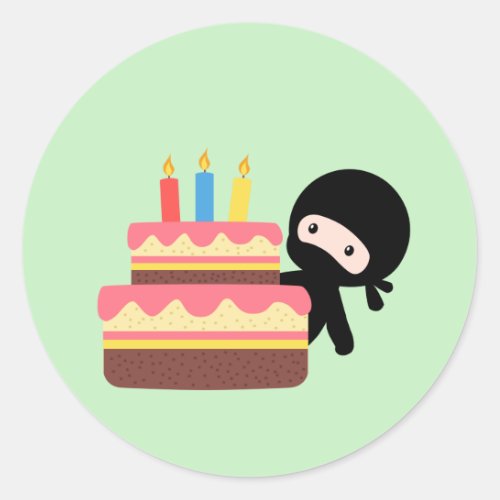 Tiny Ninja Behind Birthday Cake Green Classic Round Sticker