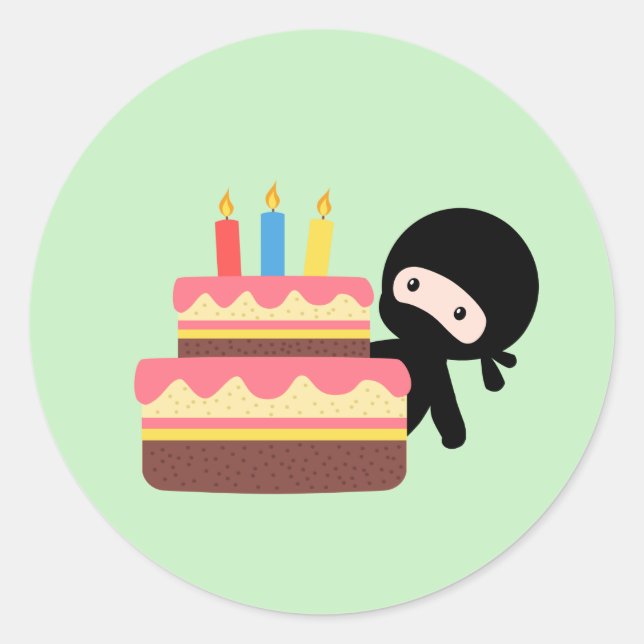 Tiny Ninja Behind Birthday Cake Green Classic Round Sticker (Front)