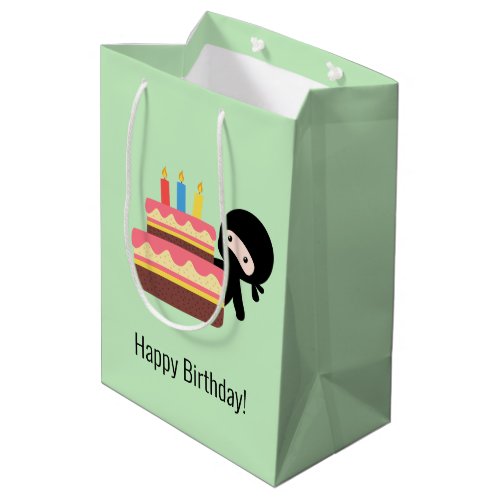 Tiny Ninja Behind Birthday Cake Green Medium Gift Bag