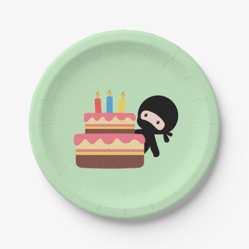 Tiny Ninja Behind Birthday Cake Green Paper Plates
