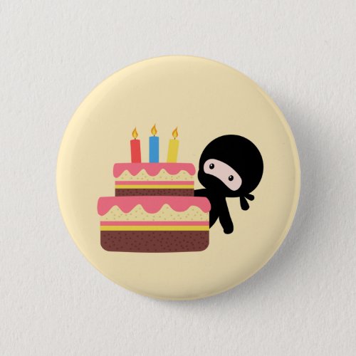 Tiny Ninja Behind Birthday Cake Yellow Button