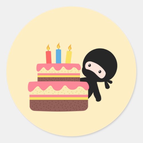 Tiny Ninja Behind Birthday Cake Yellow Classic Round Sticker