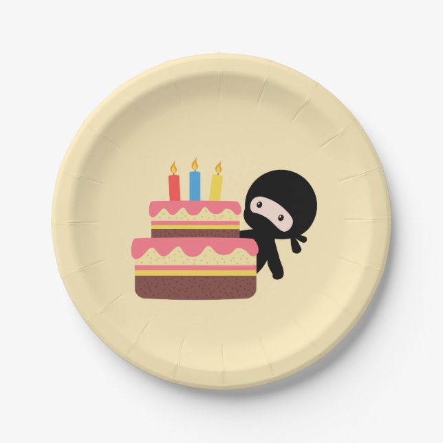 Tiny Ninja Behind Birthday Cake Yellow Paper Plates (Front)