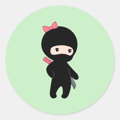 Tiny Ninja Girl on Green Classic Round Sticker