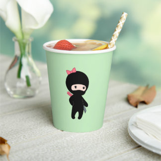 Tiny Ninja Girl on Green Paper Cups