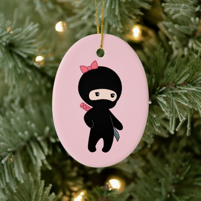 Tiny Ninja Girl on Pink Ceramic Ornament (Tree)