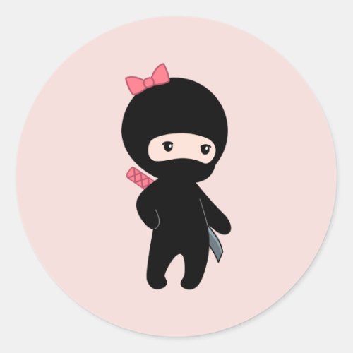 Tiny Ninja Girl on Pink Classic Round Sticker