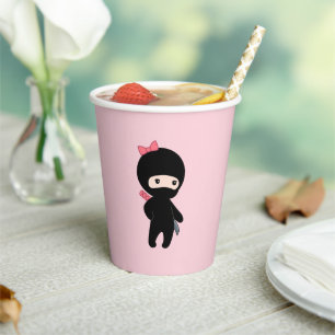 Tiny Ninja Girl on Pink Paper Cups