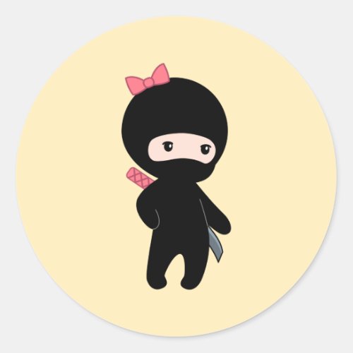 Tiny Ninja Girl on Yellow Classic Round Sticker
