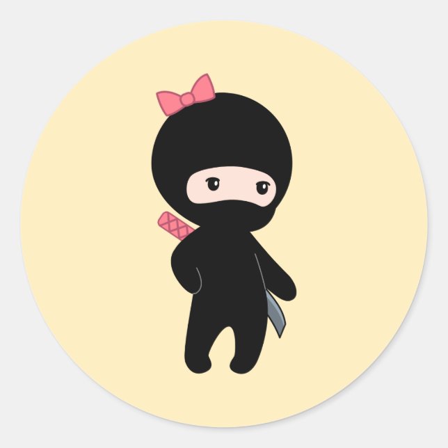 Tiny Ninja Girl on Yellow Classic Round Sticker (Front)
