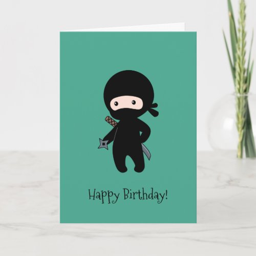 Tiny Ninja Holding Star Dark Green Birthday Card