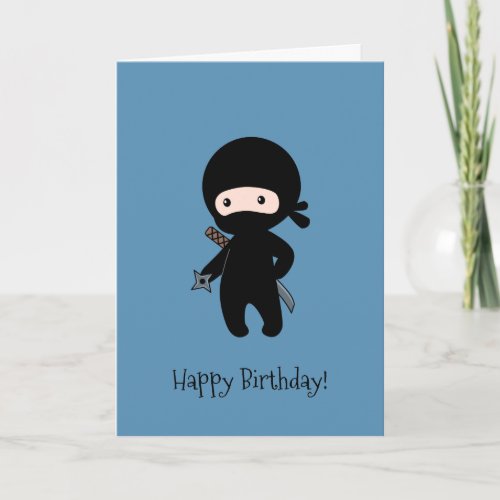 Tiny Ninja Holding Throwing Star Blue Birthday Card