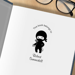 Tiny Ninja Holding Throwing Star Bookplate Rubber Stamp