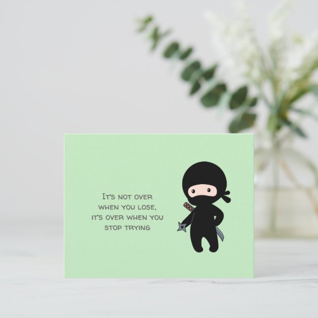 Tiny Ninja Holding Throwing Star on Green Quote Postcard (Standing Front)