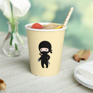 Tiny Ninja Holding Throwing Star on Yellow Paper Cups