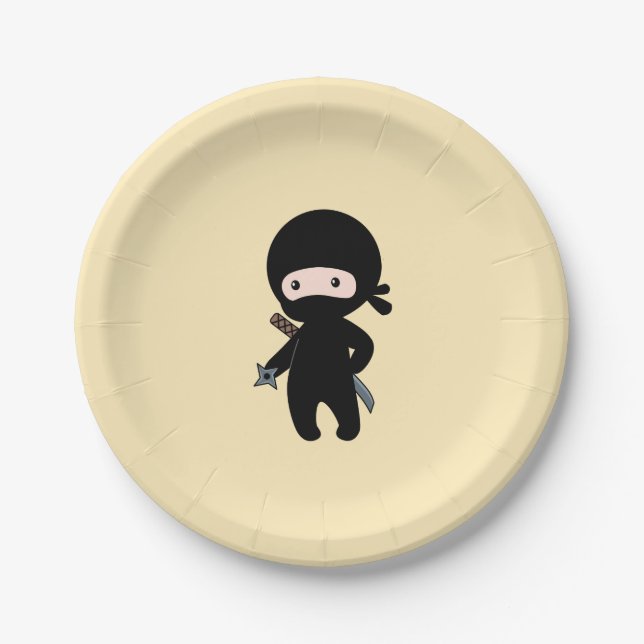 Tiny Ninja Holding Throwing Star on Yellow Paper Plates (Front)