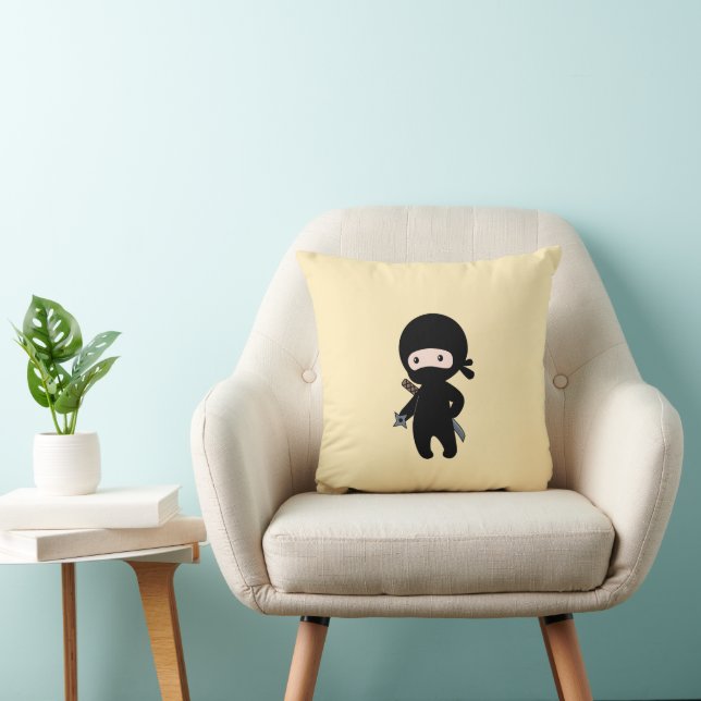 Tiny Ninja Holding Throwing Star On Yellow Throw Pillow (Chair)