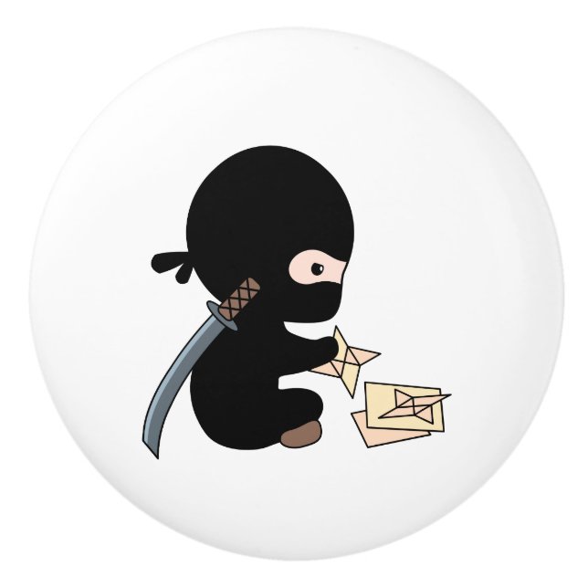 Tiny Ninja Making Origami Paper Throwing Star Ceramic Knob (Front)