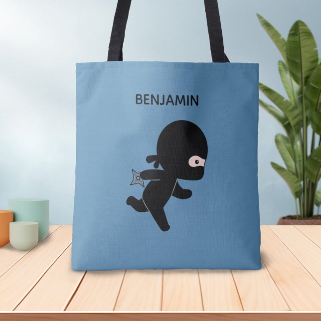 Tiny Ninja Running Custom Name on Blue Tote Bag (Creator Uploaded)
