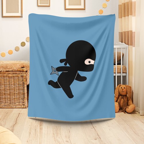 Tiny Ninja Running On Blue Fleece Blanket