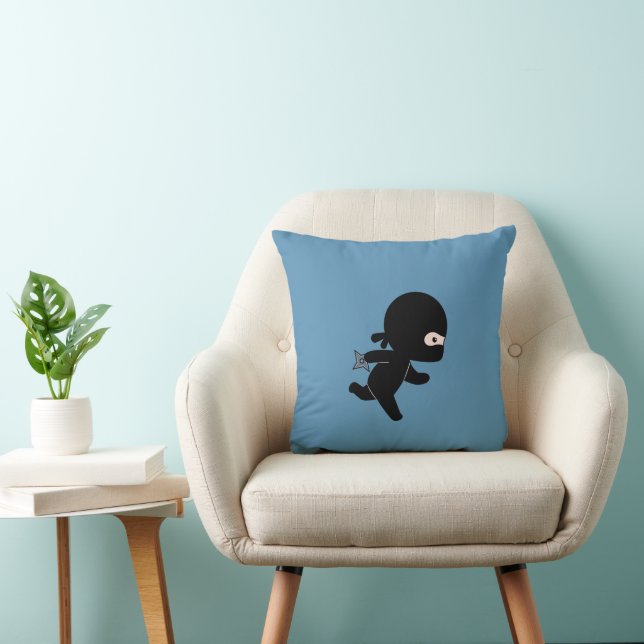 Tiny Ninja Running On Blue Throw Pillow (Chair)