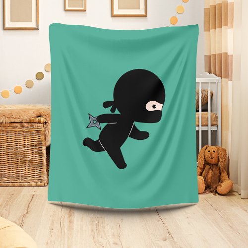 Tiny Ninja Running On Dark Green Fleece Blanket