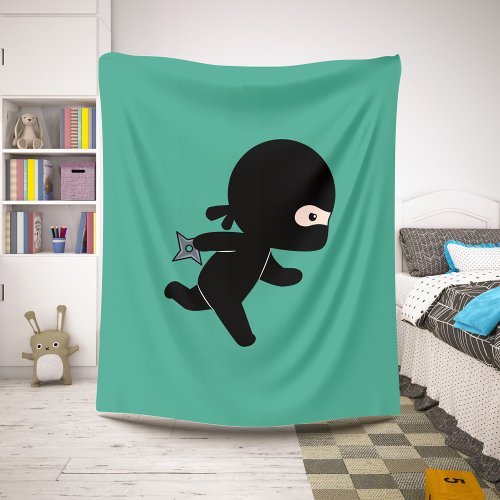 Tiny Ninja Running on Dark Green Sherpa Blanket