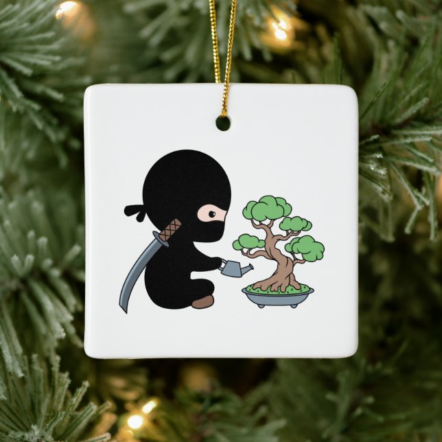 Tiny Ninja Watering Bonsai Tree Ceramic Ornament (Tree)