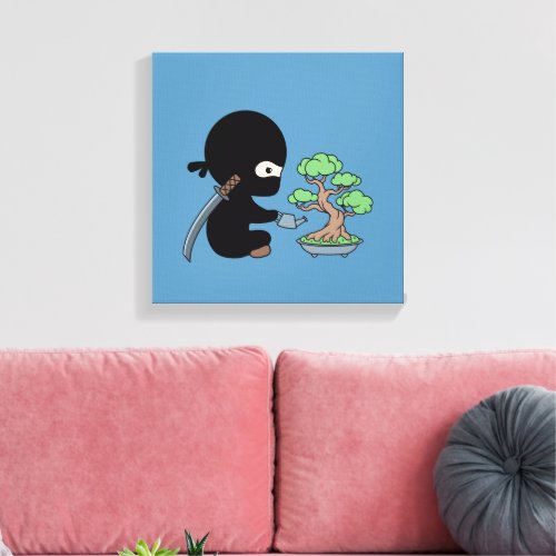 Tiny Ninja Watering Bonsai Tree on Blue Canvas Print