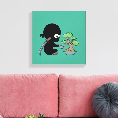 Tiny Ninja Watering Bonsai Tree on Green Canvas Print