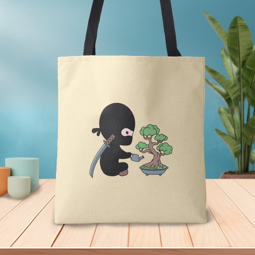 Tiny Ninja Watering Bonsai Tree on Yellow Tote Bag