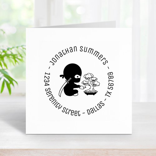 Tiny Ninja Watering Bonsai Tree Round Address 4 Rubber Stamp