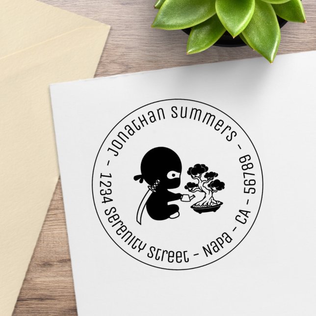 Tiny Ninja Watering Bonsai Tree Round Address Rubber Stamp (Creator Uploaded)