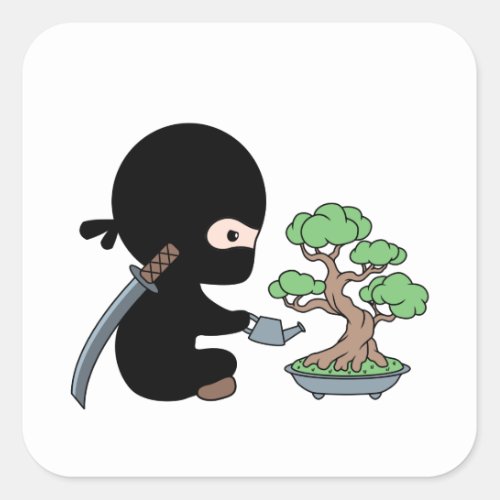 Tiny Ninja Watering Bonsai Tree Square Sticker