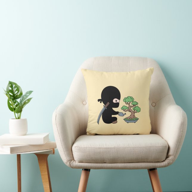 Tiny Ninja Watering Bonsai Tree Throw Pillow (Chair)