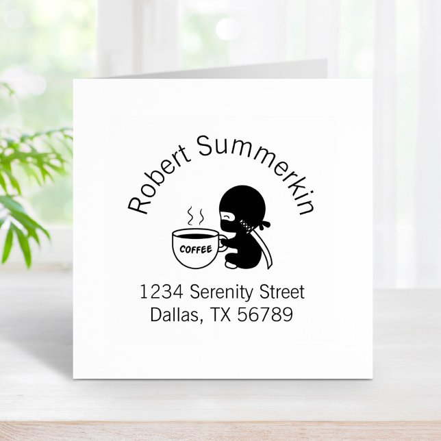 Tiny Ninja with Large Coffee Mug Address Rubber Stamp (Creator Uploaded)