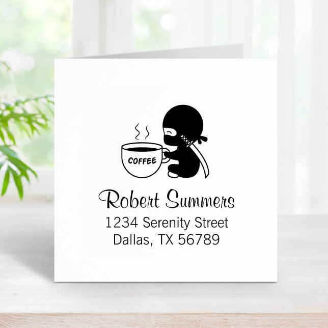 Tiny Ninja with Large Coffee Mug Address Rubber Stamp (Creator Uploaded)