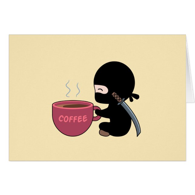Tiny Ninja with Large Coffee Mug on Yellow Blank Cards (Front Horizontal)