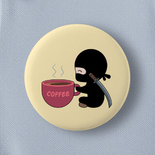 Tiny Ninja with Large Coffee Mug on Yellow Button