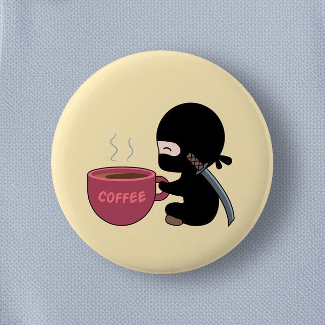 Tiny Ninja with Large Coffee Mug on Yellow Button (Creator Uploaded)