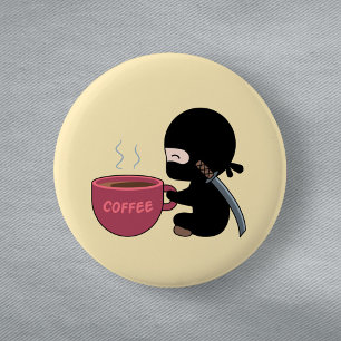 Tiny Ninja with Large Coffee Mug on Yellow Button
