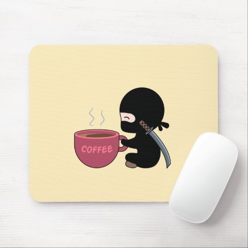 Tiny Ninja with Large Coffee Mug on Yellow Mouse Pad