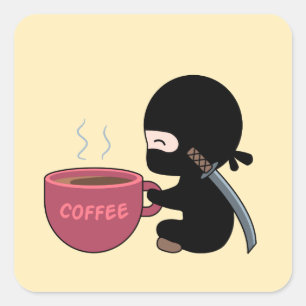 Tiny Ninja with Large Coffee Mug on Yellow Square Sticker